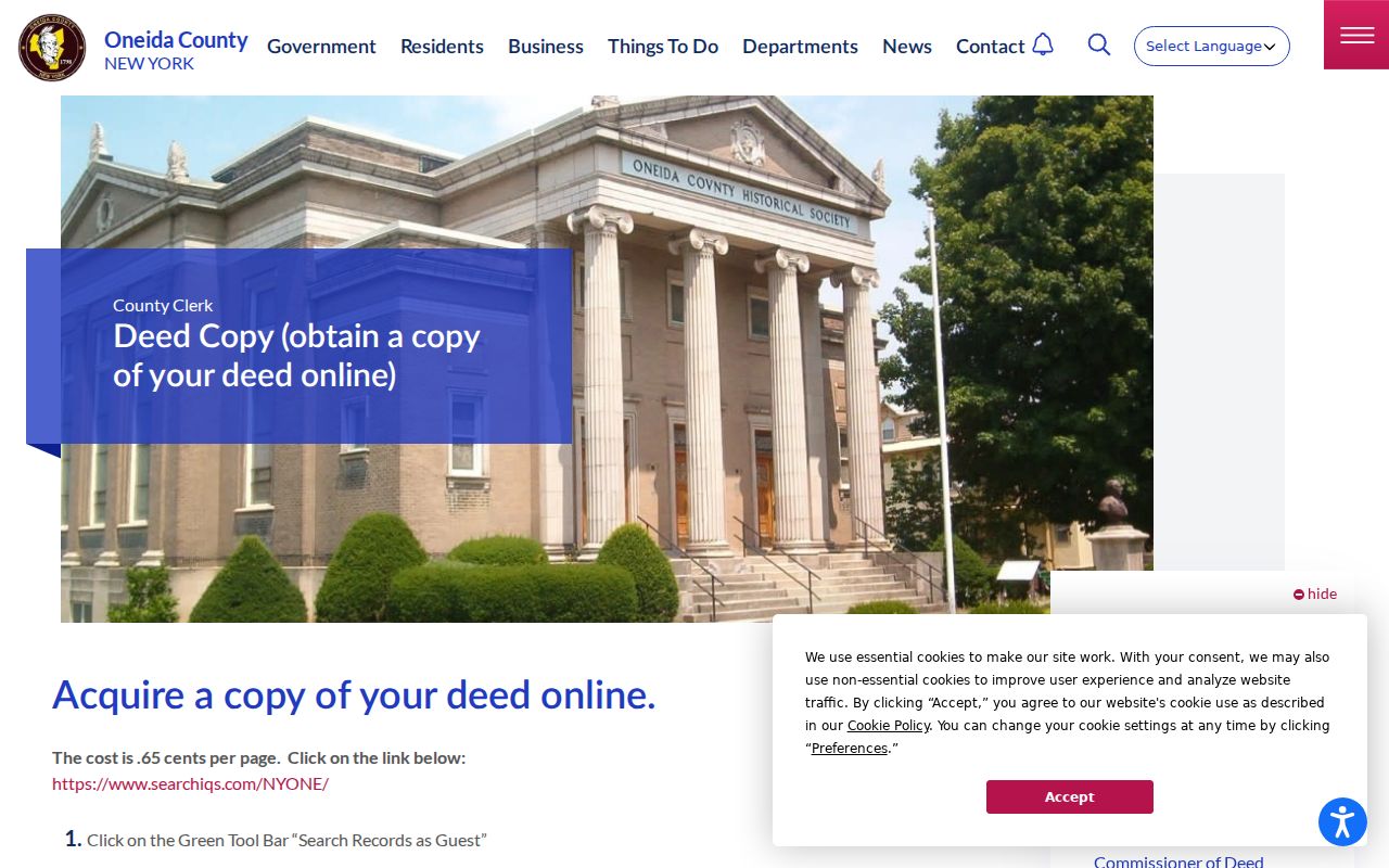 New Hartford previous residents deed-chain instructions from Oneida County Clerk