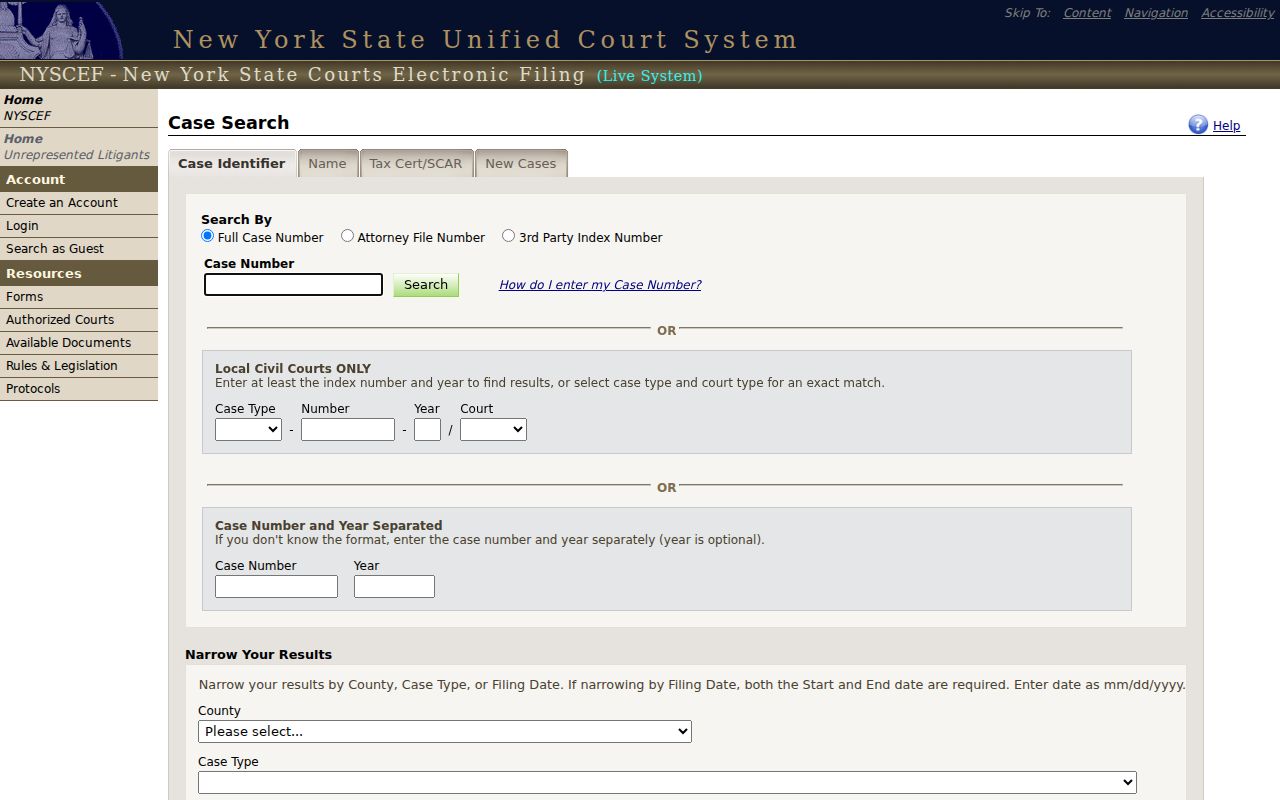 New Hartford residents directory NYSCEF case search fields