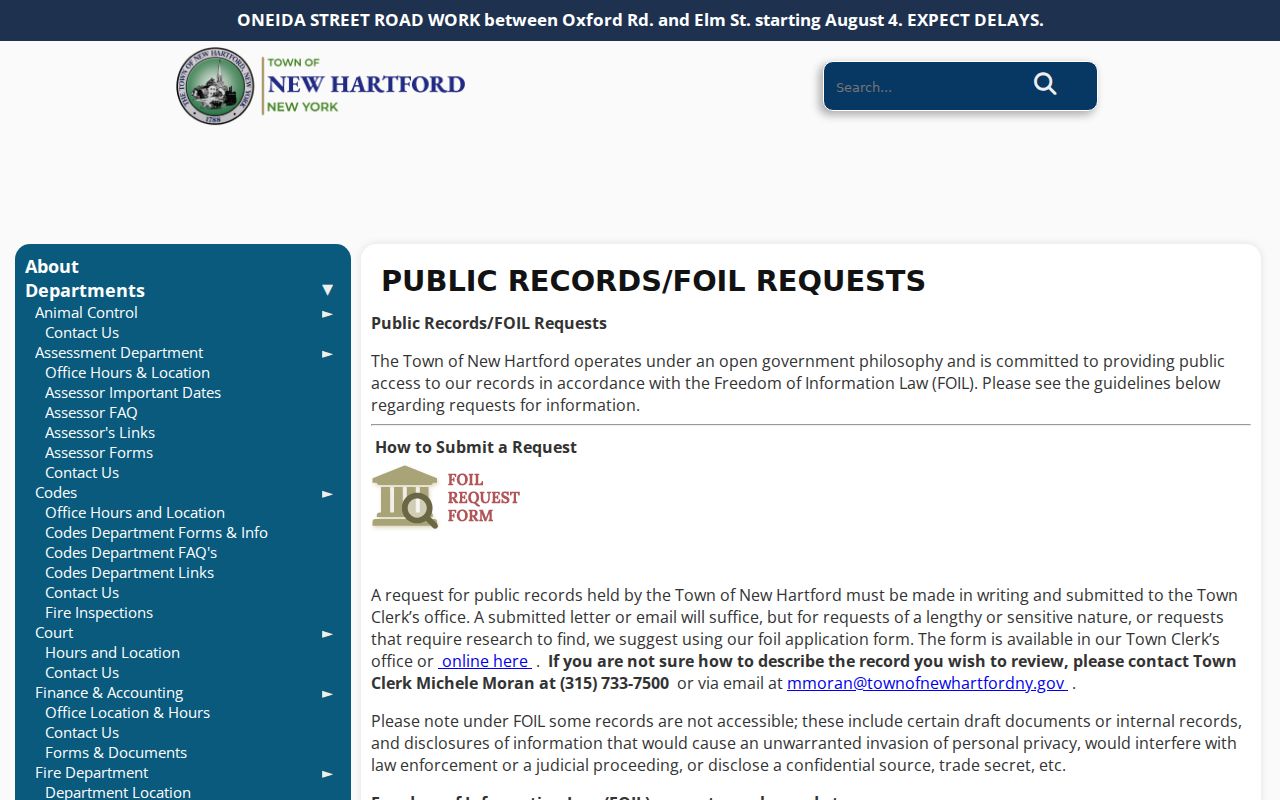New Hartford residents directory FOIL request instructions